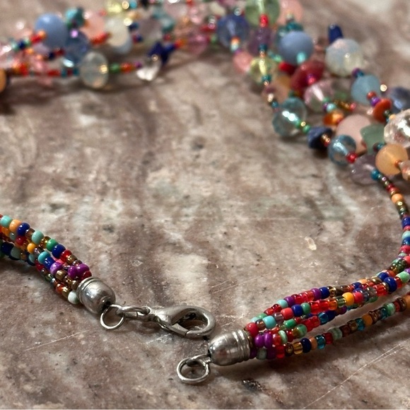Multicolor 5 Strand Beaded Gemstone & Glass Beads Chocker Necklace Vibrant - Picture 10 of 16